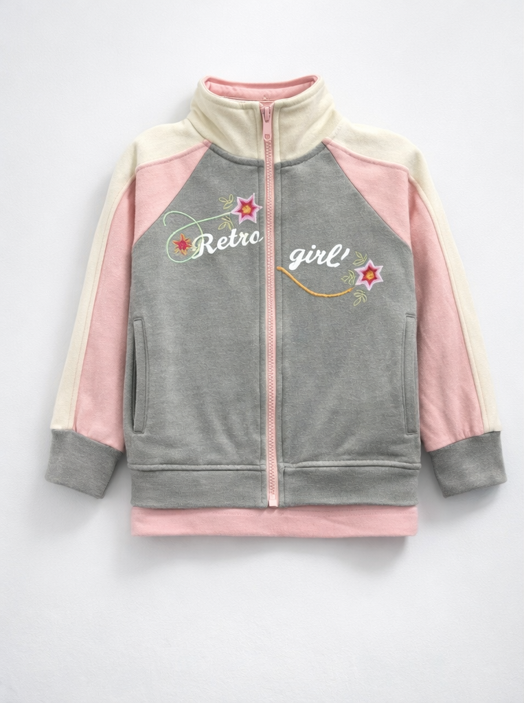 Ensemble Bébé 3 Pièces “Retro Girl” – Veste Zippée + Pantalon + Tee-shirt ML (Gris/Rose)