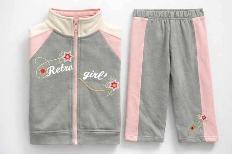 Ensemble Bébé 3 Pièces “Retro Girl” – Veste Zippée + Pantalon + Tee-shirt ML (Gris/Rose)