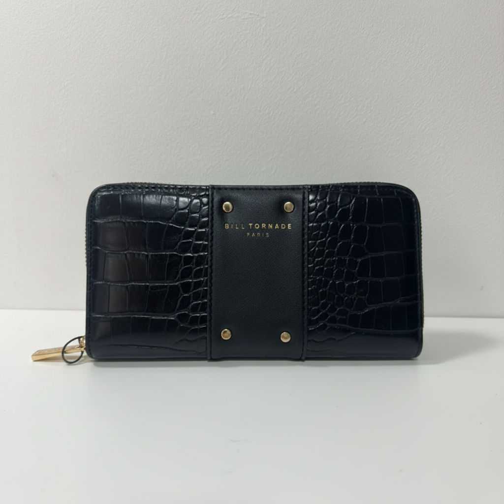 Portefeuille croco noir Bill Tornade Paris – recto visuel pro