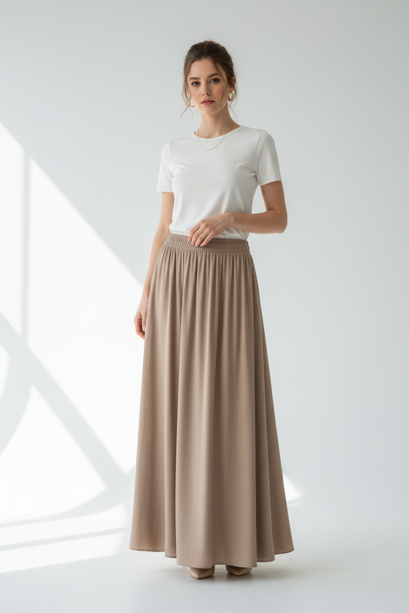 Jupe longue fluide Beige portée – KEYA Paris