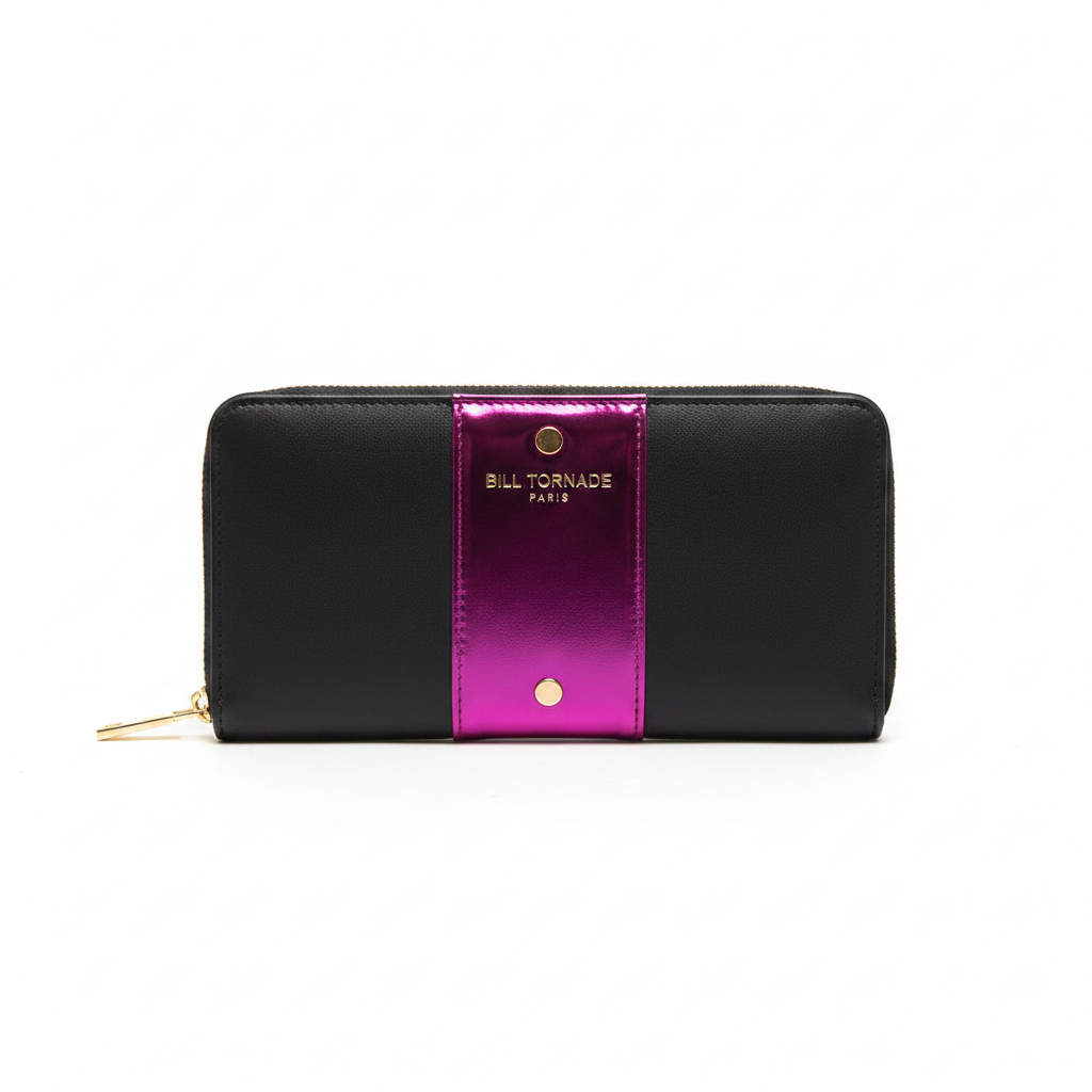 Portefeuille noir & fuchsia métallisé Bill Tornade Paris – recto visuel pro