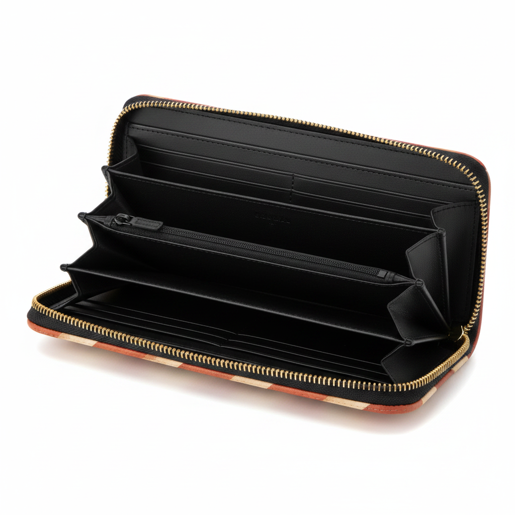 Portefeuille chevrons terracotta Bill Tornade Paris – intérieur ouvert, zip extérieur doré, zip intérieur noir