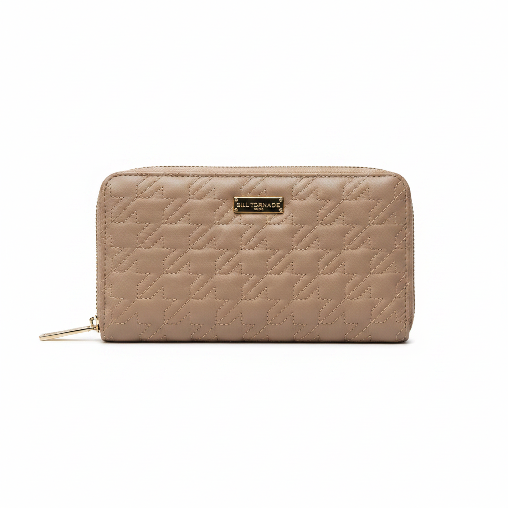 Portefeuille Zippé Matelassé Beige Rosé – Bill Tornade Paris