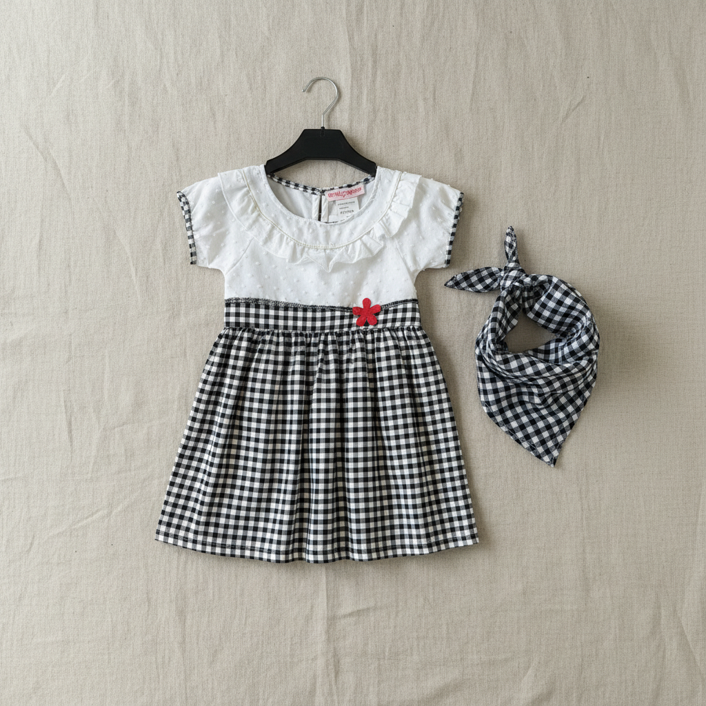 Flat lay robe et bandana vichy fond lin