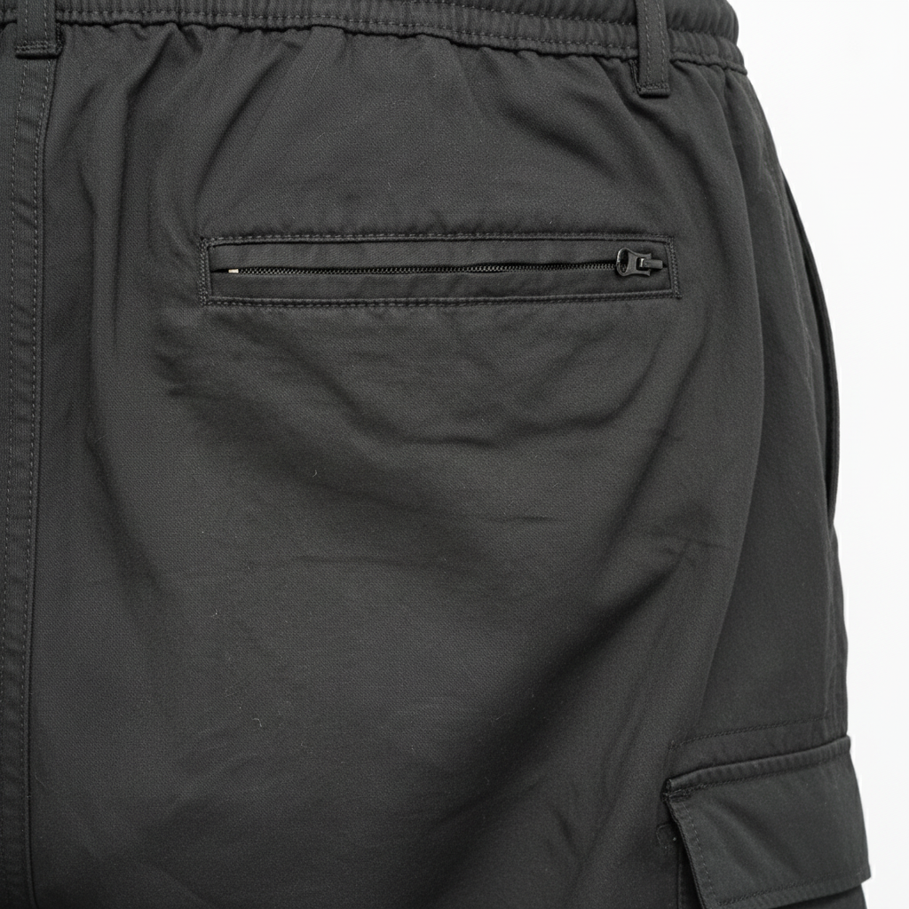 Pantalon cargo noir – détail poche arrière zippée