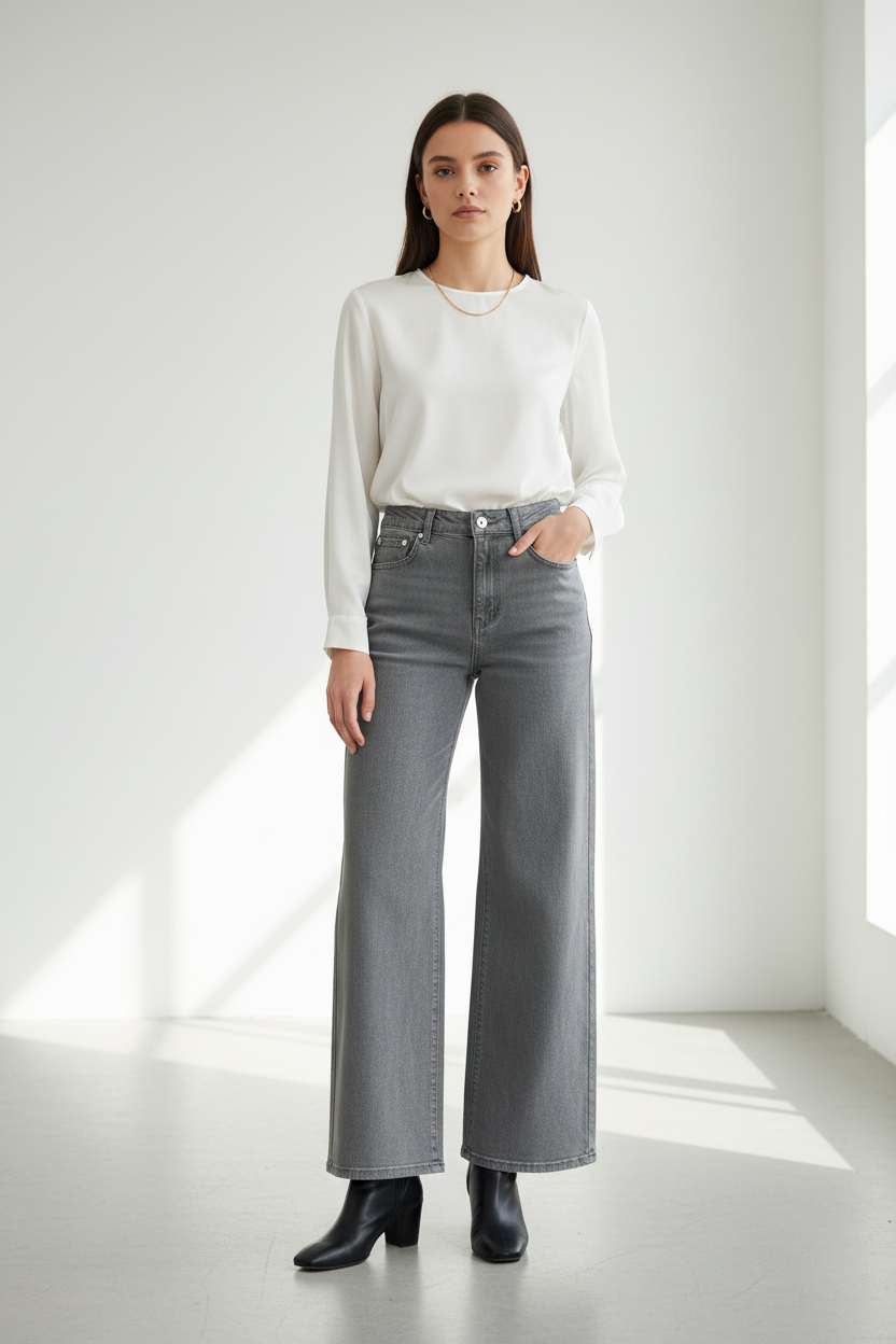 Jean Wide Leg Gris - Look éditorial femme