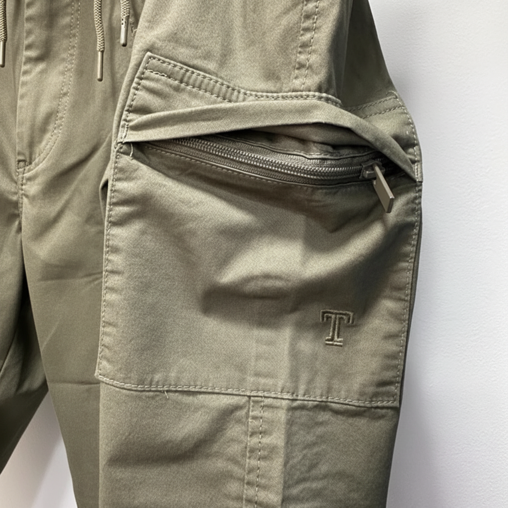 Pantalon cargo vert kaki – détail poche cuisse logo T brodé