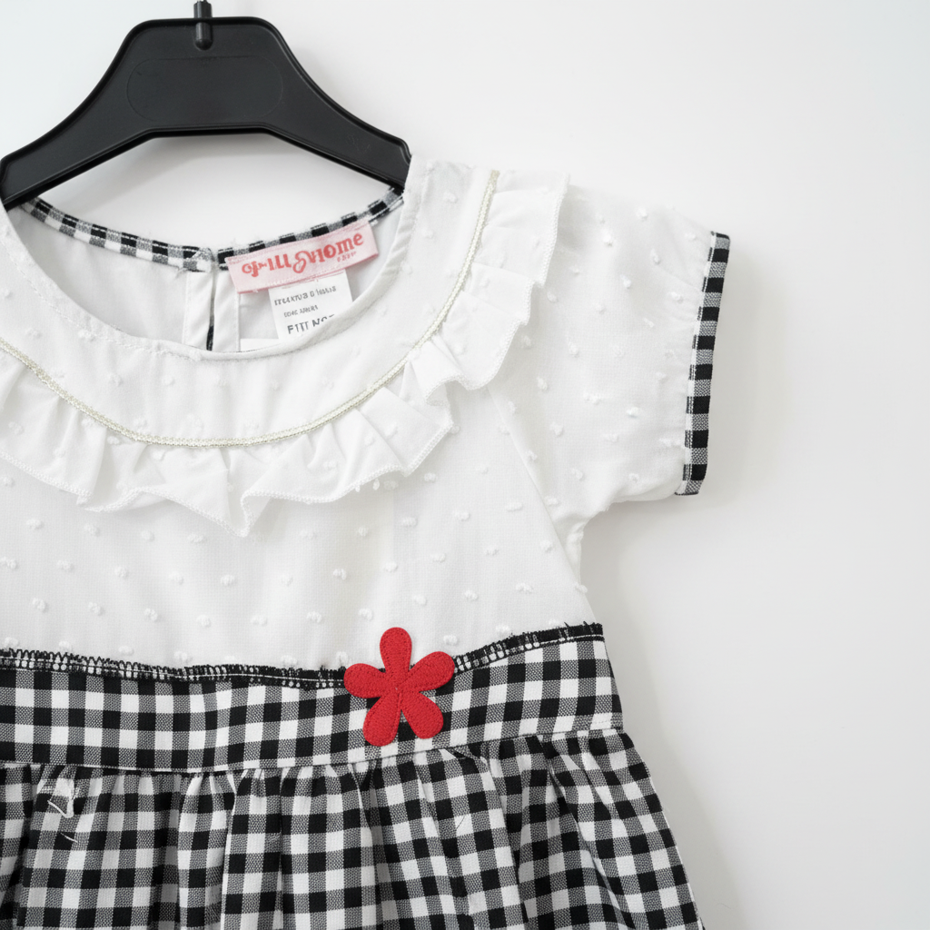 Détail col plumetis et fleur rouge robe Lou