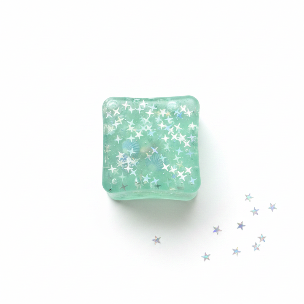 Cube Squeeze - flatlay fond blanc étoiles