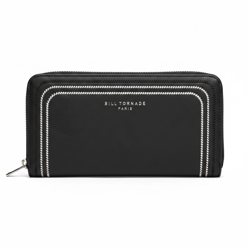 Portefeuille Noir Double Zip Argenté – Recto v4